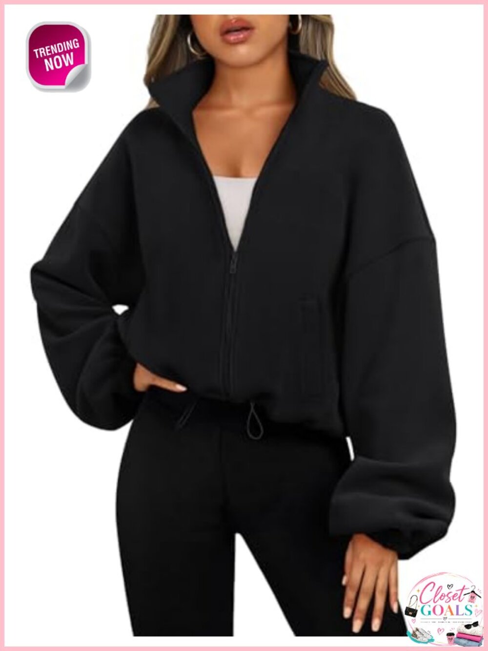 Oversized Cropped Fleece Zip Up Sweatshirt Jacket